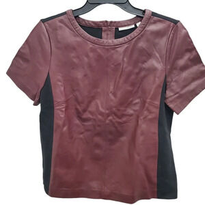 Halogen Women's Burgundy‎ 100% Leather Front Zip Back Short Sleeve Panel Top M